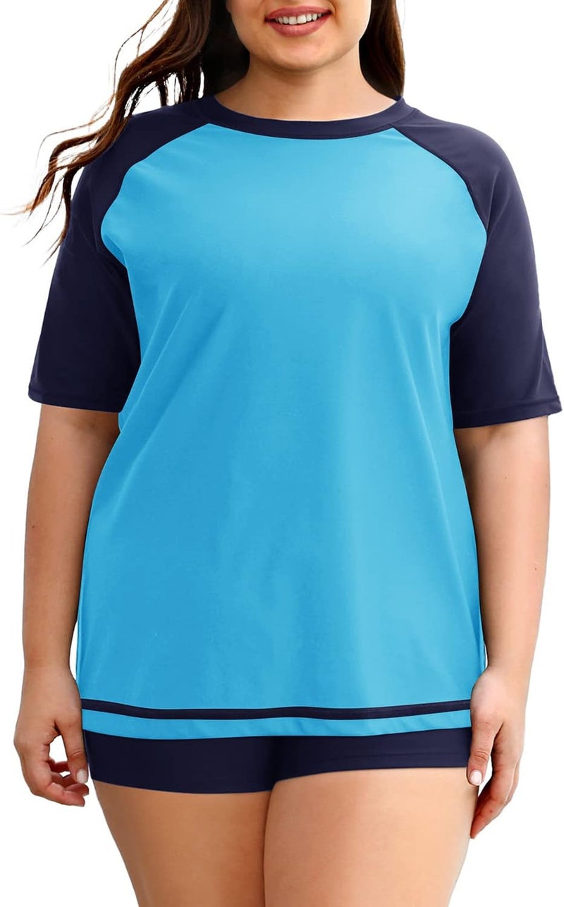 Holipick Two Piece Women Plus Size Rash Guard Short Sleeve Swim Shirts and Shorts UPF 50+ Rashguard Swimsuit - Image 4